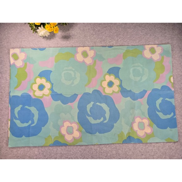 Vintage 70s Wamsutta Retro Mod Floral Pillowcase Blue Green Flower Power - Picture 4 of 9